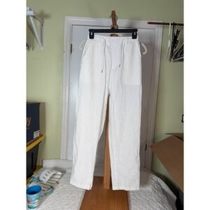 White Cotton Linen Blend Drawstring Elastic Waist Straight Leg Pants Size 5